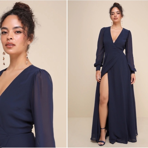 LULU's Elegant Special Event Wedding Bridesmaid Flowy Romantic Wrap Dress - Picture 1 of 6